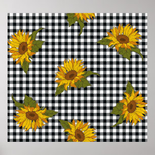 Solblommor, svartvit buffelkontroll, blommigt. poster