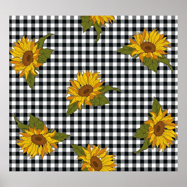 Solblommor, svartvit buffelkontroll, blommigt. poster (Framsidan)
