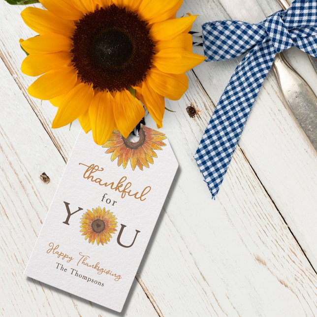 Solblommor tack för din Thanksgiving Presentetikett (Use this cute sunflowers "thankful for you" Thanksgiving tag to attach to your table setting decor! )