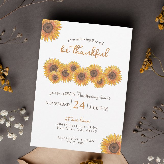 Solblommor, Thanksgiving Middag Inbjudningar (Cute Watercolor Sunflowers Thanksgiving Dinner Invitation)