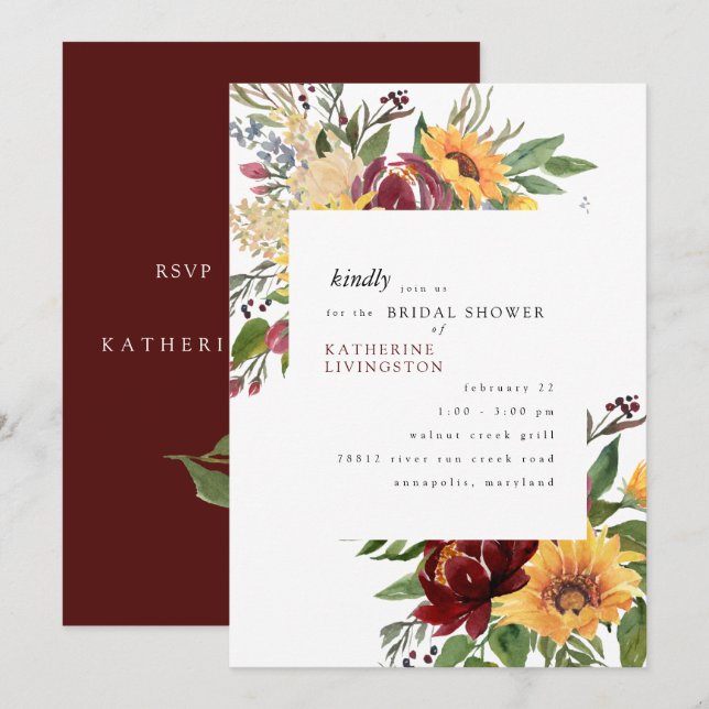 Solblommor Tuscan Burgundy Möhippa Inbjudningar (Fram/baksida)