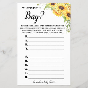 Solblommor Vad finns på Bag Baby Shower Game Card Flygblad
