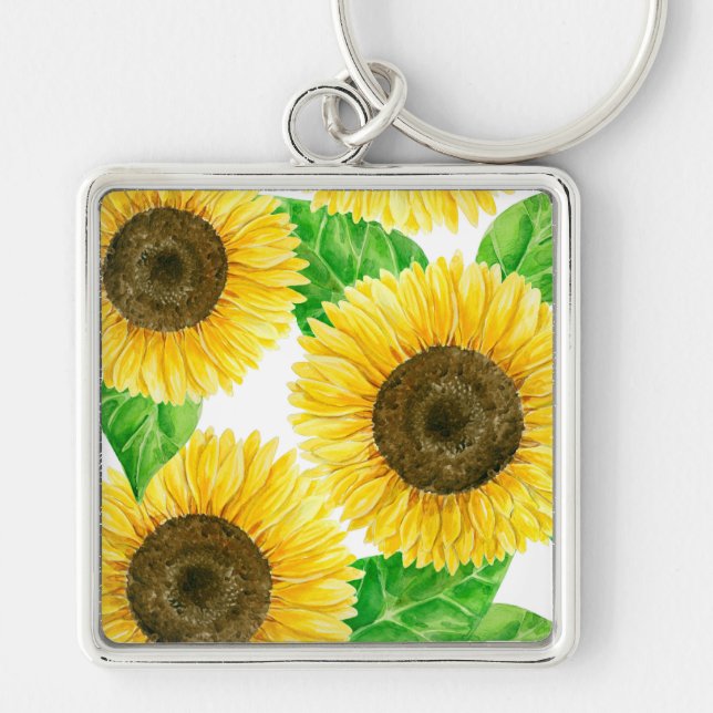 Solblommor, vattenfärg fyrkantig silverfärgad nyckelring (Framsidan)