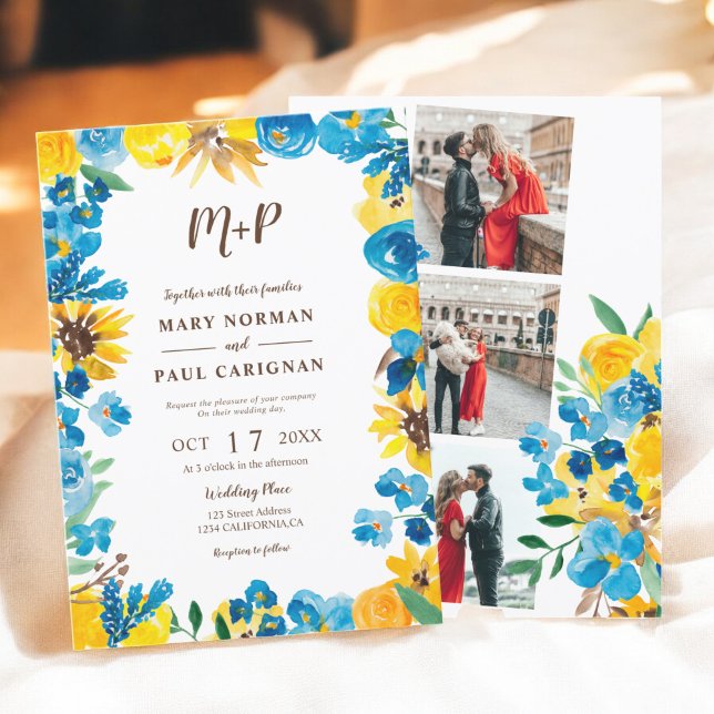 Solblommor, vattenfärgsutandningsfoto bröllop inbjudningar (Sunflowers watercolor wreath fall photo wedding invitation)