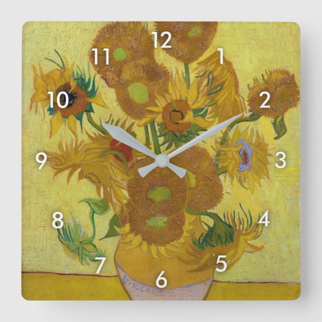Solblommor, Vincent van Gogh Fyrkantig Klocka (Framsida)
