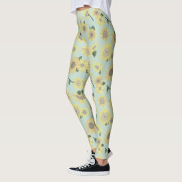 Solblommor, vit Gult på Blå Mönster Leggings