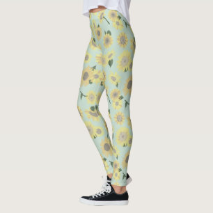 Solblommor, vit Gult på Blå Mönster Leggings