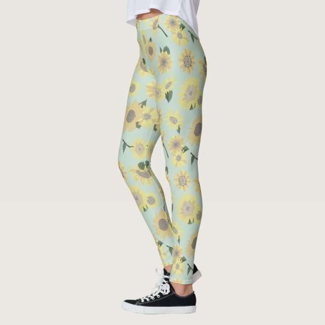 Solblommor, vit Gult på Blå Mönster Leggings (Vänster)