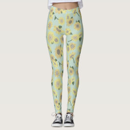 Solblommor, vit Gult på Blå Mönster Leggings