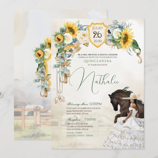 Solblommor Vit ros Western Charro Quinceanera Inbjudningar (Fram/baksida)