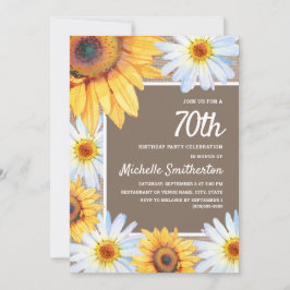 Solblommor vita Daisy Burlap 70:e födelsedagen Inbjudningar