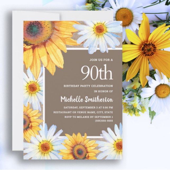 Solblommor vita Daisy Burlap 90:e födelsedag Inbjudningar (White daisies and sunflowers 90th birthday party invitation for women)