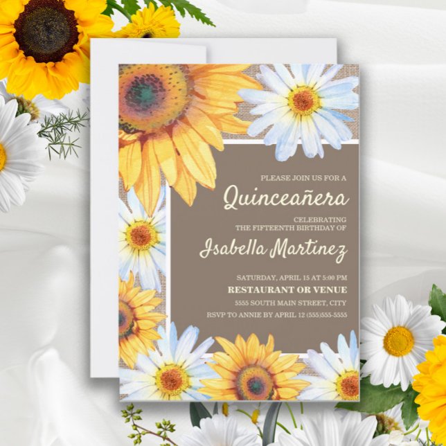 Solblommor vita Daisy Burlap Quinceañera 15:e Inbjudningar (Skapare uppladdad)