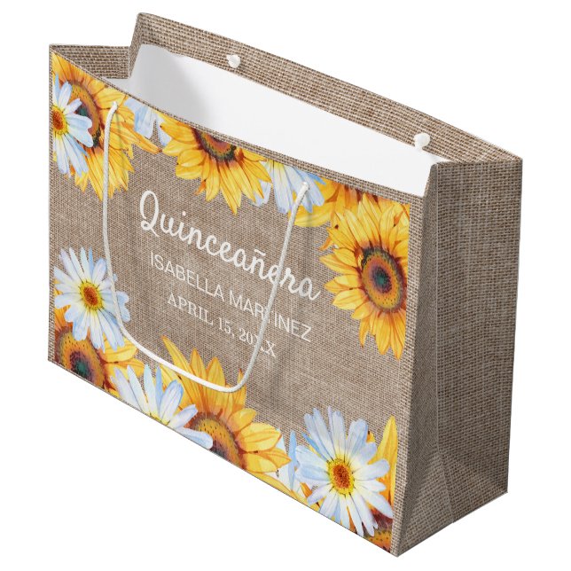 Solblommor White Daisy Burlap Quinceañera Namn (Framsidan Vinklad)