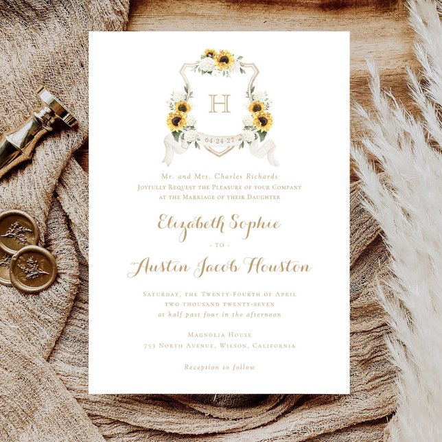 Solblommor White Hydrangea Greenery Vapensköld Brö Inbjudningar (Skapare uppladdad)