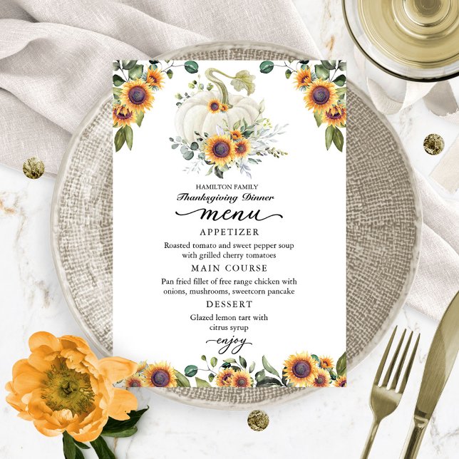 Solblommor White Pumpkin Thanksgiving Dinner Menu Tack Kort (Skapare uppladdad)