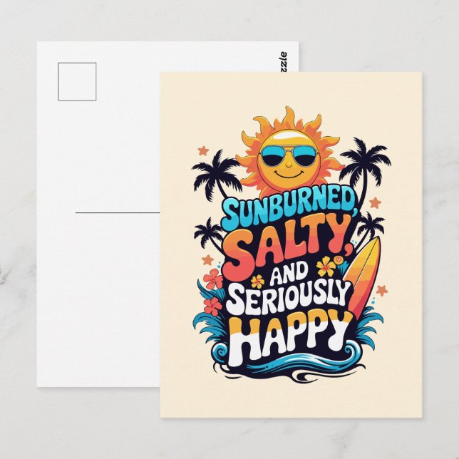 Solbränd salt och Lycklig - Retro Beach Vibes Vykort (Fram/baksida)