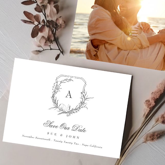 Solcellsfoto av klassisk botanisk blommigt i monog spara datumet (Skapare uppladdad)