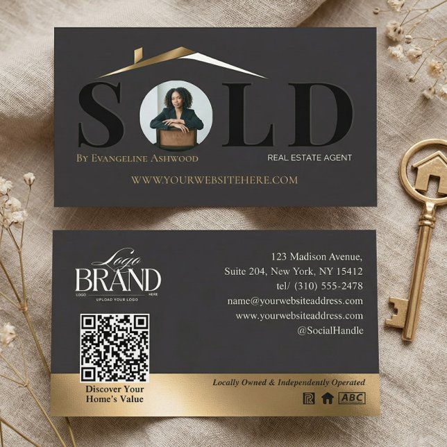 Sold Luxury Home Real Estate Agent Black Gold QR Visitkort (Sold Luxury Home Real Estate Agent Black Gold QR Business Card)