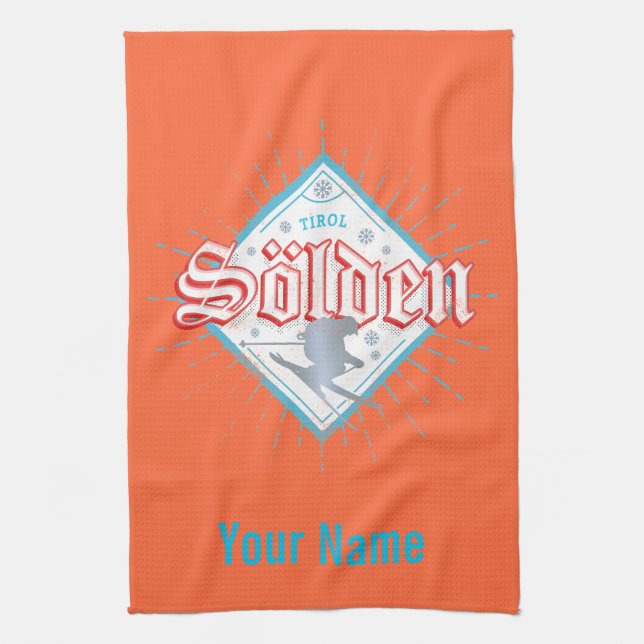 Solden Tirol Retro Skier Vintage Ski Helgdag Kökshandduk (Vertikal)