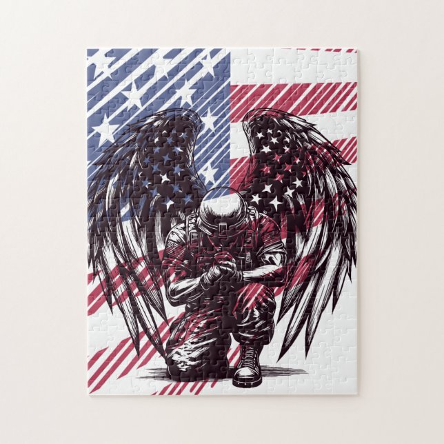 Soldier Angel Praying American USA flagga Art Pussel (Vertikal)