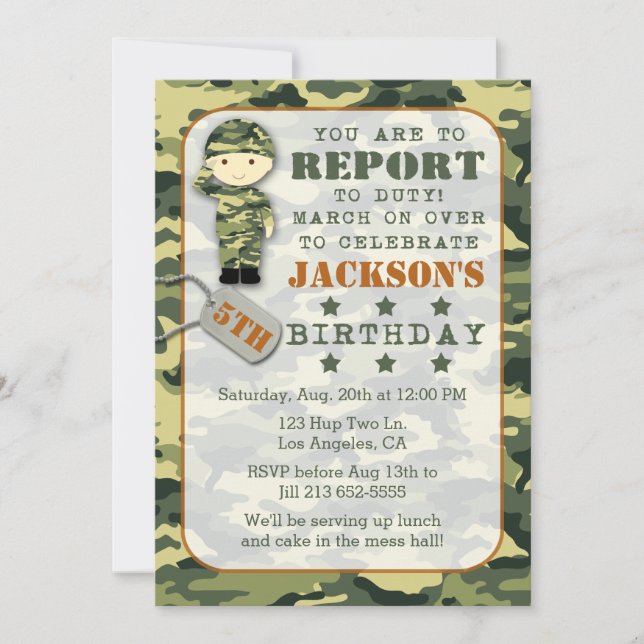 Soldier Military Camo Boy Birthday bjudande Inbjudningar (Framsida)
