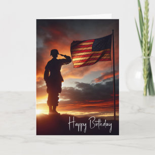 Soldier Saluting Flagga for Birthday Kort
