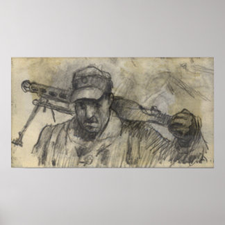 Soldier som går med MG Poster