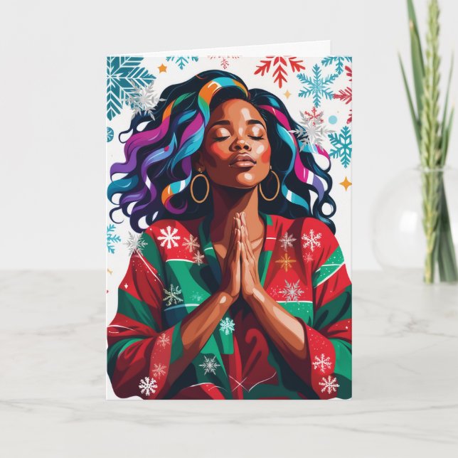 Solemn och Serene jul Black Woman Praying Kort (Framsida)