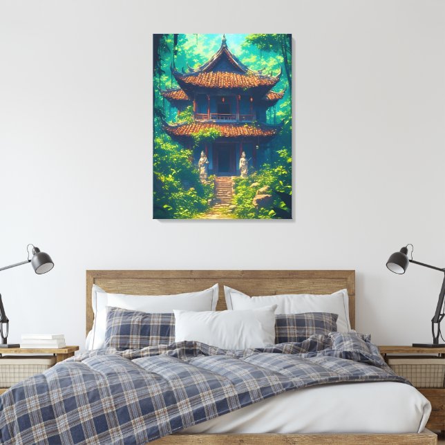 Solen belyst thailändskt hus i frodig djungel canvastryck (Insitu (sovrum))