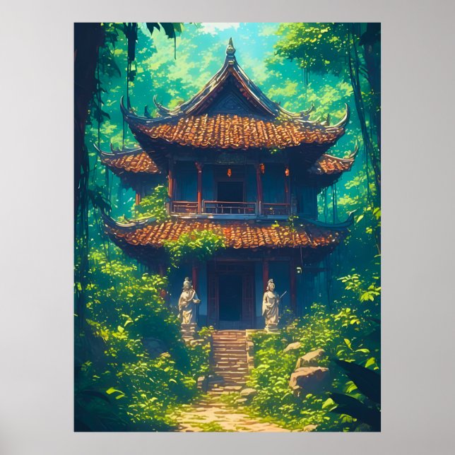 Solen belyst thailändskt hus i frodig djungel poster (Framsidan)