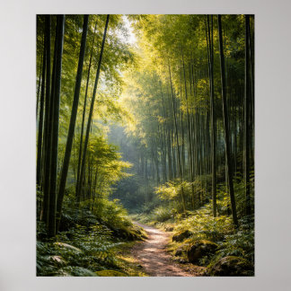 Solenbelyst stig genom bambuskog poster