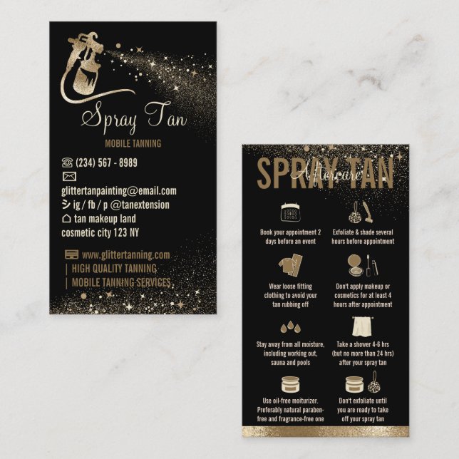 Solenbränna Eftervårdsinstruktioner Sparkle Gold Visitkort (Fram/baksida)