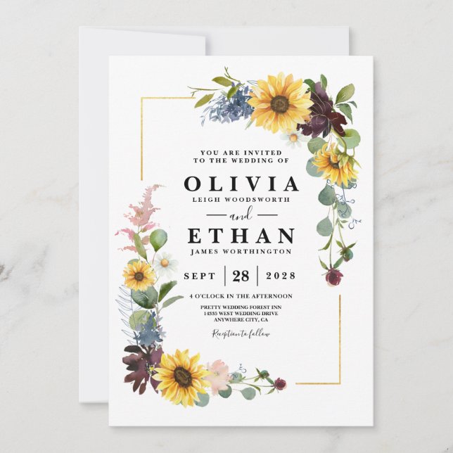 Solfjäder Burgunderrosor Blå Rustik Inbjudningar (Framsida)