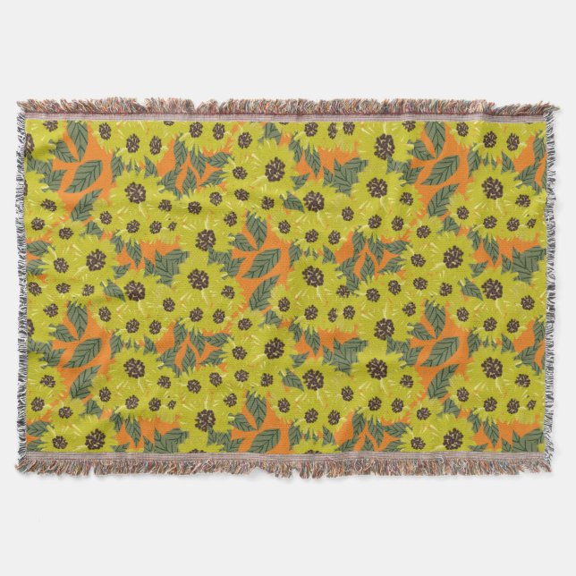 Solfjäder Handritad Blommig Grönska Gul Orange Filt (Framsidan)