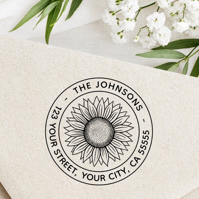 Solfjäder modern returadress självfärgande stämpel (Sunflower modern return address self-inking stamp)