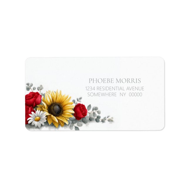 Solfjäder och röd ros Blommig adressetikett (Framsidan)