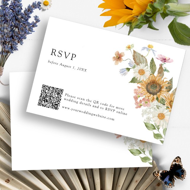 Solfjäder RSVP QR-kod OSA Kort (Boho Wildflower Sunflower Watercolor Floral RSVP Card QR Code by Painted Paperie
)