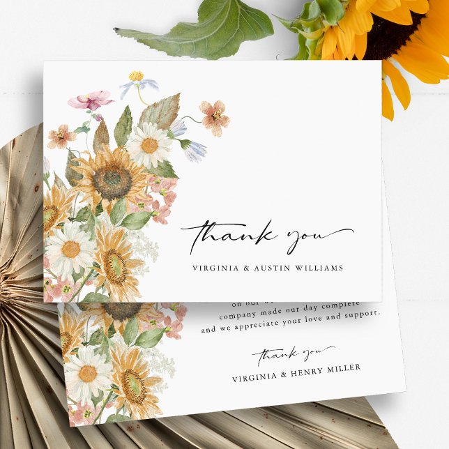 Solfjäder Tackkort Tack Kort (Boho Watercolor Sunflower Wildflowers Floral Wedding  Thank You Card by Painted Paperie
)