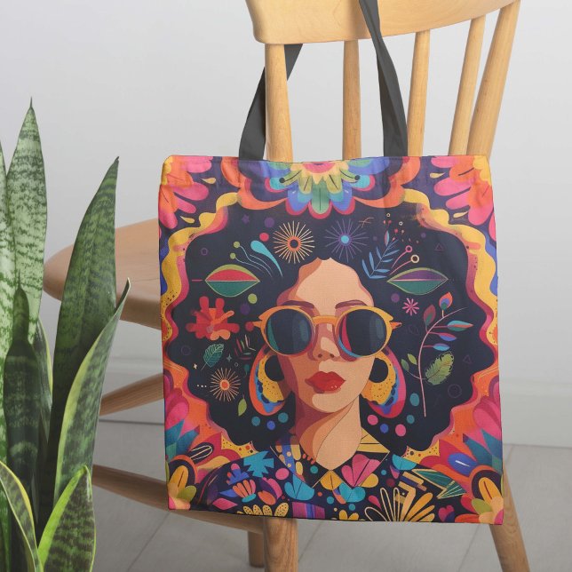 Solglasögon och solfångare tygkasse (The design shows a confident woman in bold colors and cool patterns, rocking stylish sunglasses.)