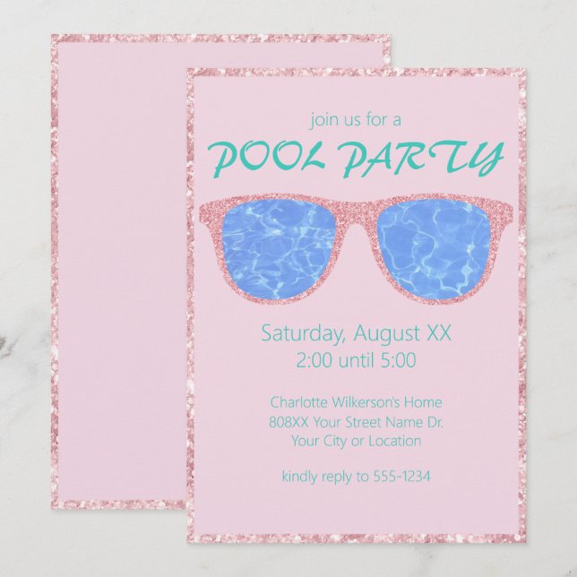 Solglasögon vid Rosan bassäng Party Glitter Inbjudningar (Fram/baksida)