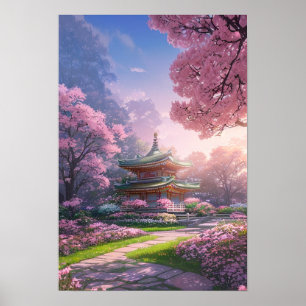 Solglöd vid det japanska templet poster