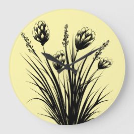 Solgul väggklocka med vildblomma-design