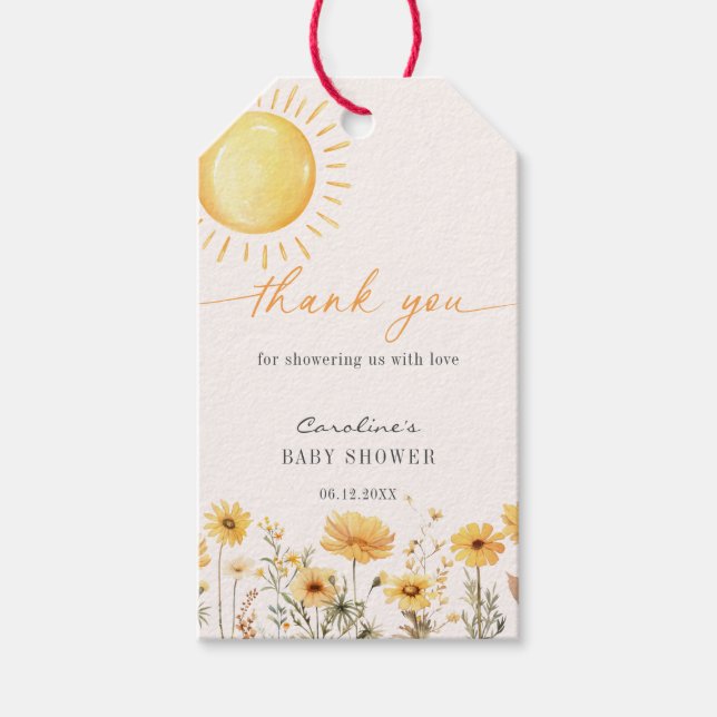 Solgul vildblomma baby shower  presentetikett (Framsidan)