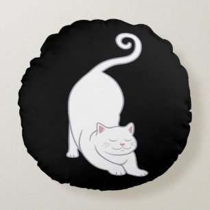 Solhälsning nedåtvänd vit katt yoga på svart rund kudde