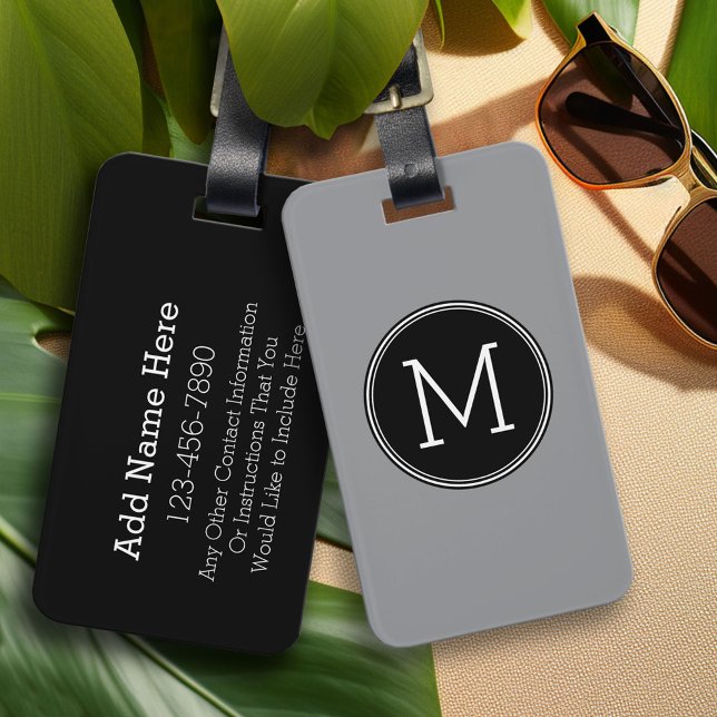 Solid Black och Grått med Monogram Bagagebricka (Custom Photo Collage Luggage Tag)