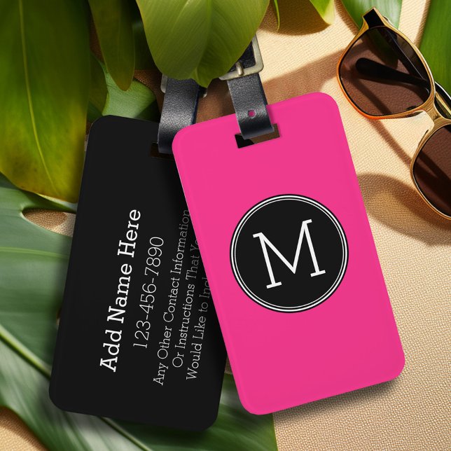 Solid Black och Shock rosa med Monogram Bagagebricka (Personalized luggage tag - Add Your contact information and monogram)