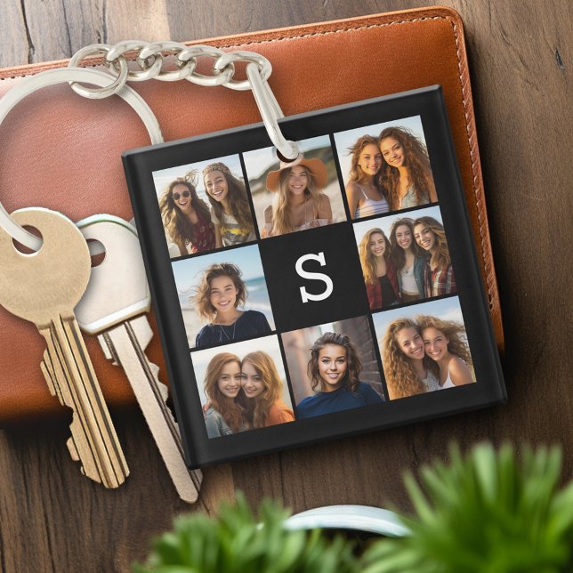 Solid Black Photo Collage Anpassningsbar Monogram (Personalized keychain with photo collage and monogram)