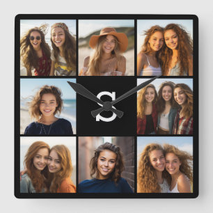 Solid Black Photo Collage Anpassningsbar Monogram Fyrkantig Klocka