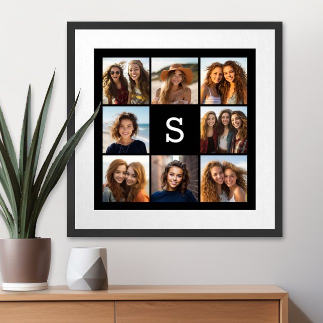 Solid Black Photo Collage Anpassningsbar Monogram Poster (Personalized Wall Art with a Photo Collage)